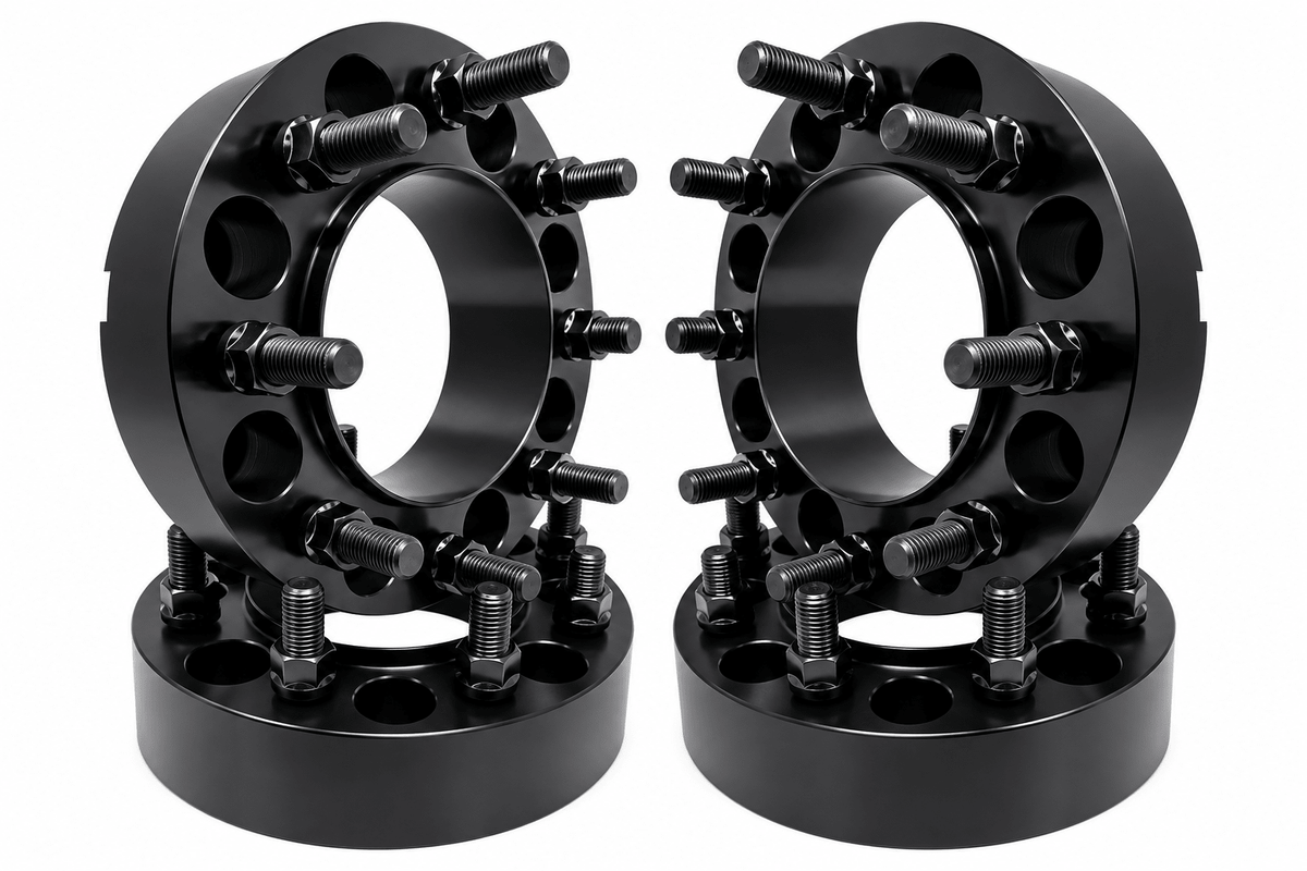 4x Hub & Wheel Centric Spacers 8x170 Ford F-250 F-350 Super Duty & Excursion 1999–2002 Non-Dually, 2" (50mm), M14x2.0 Studs & Nuts, 124.9mm Bore & Lip, Forged 6061-T6 Anodized Aluminum, 32x Free Black or Chrome Spline Spike Lug Nuts - SET Group USA