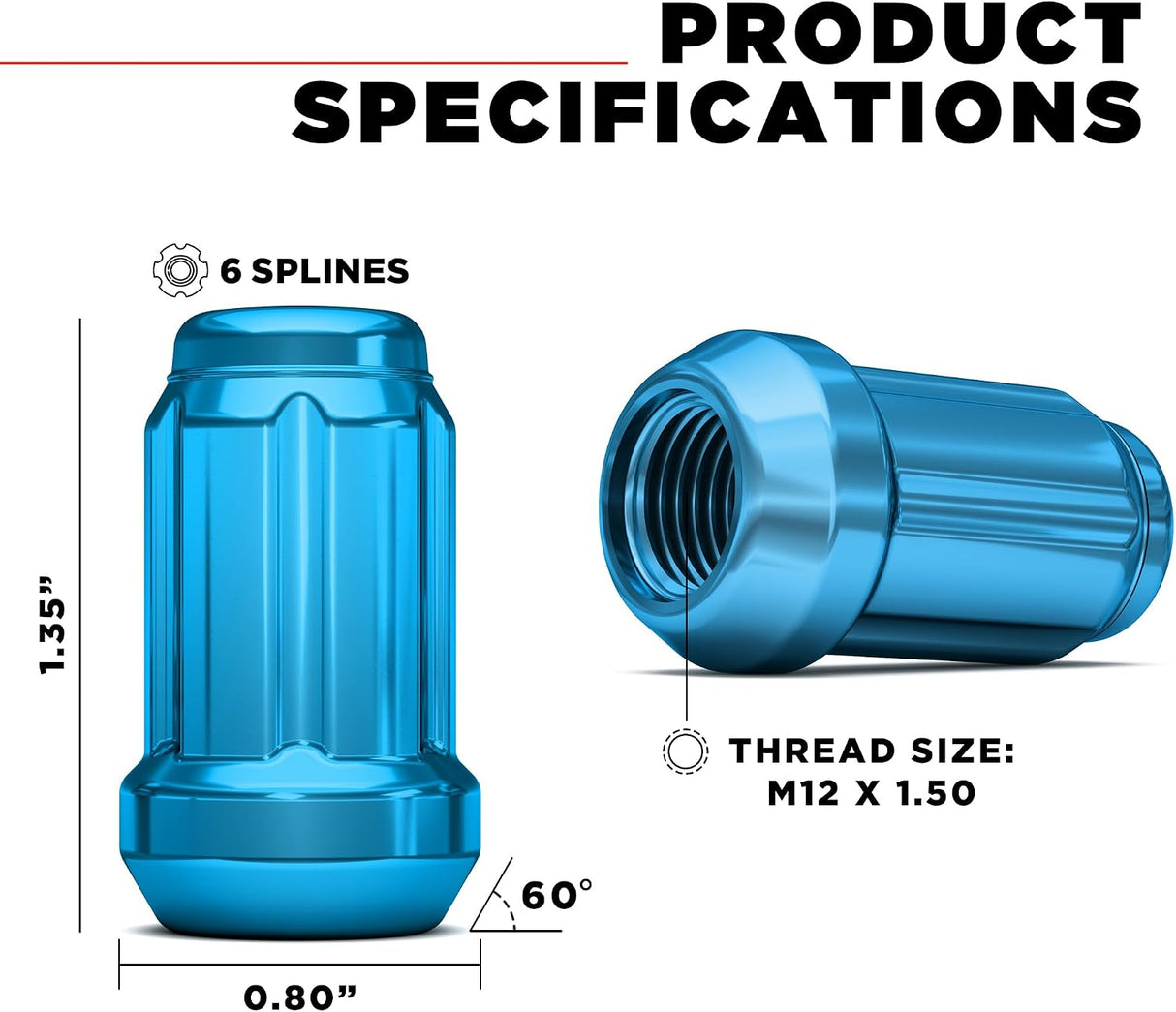 20 Blue Mustang Lug Nuts | Racing 6 Spline Lugs | 1/2"-20 | +2 Keys |