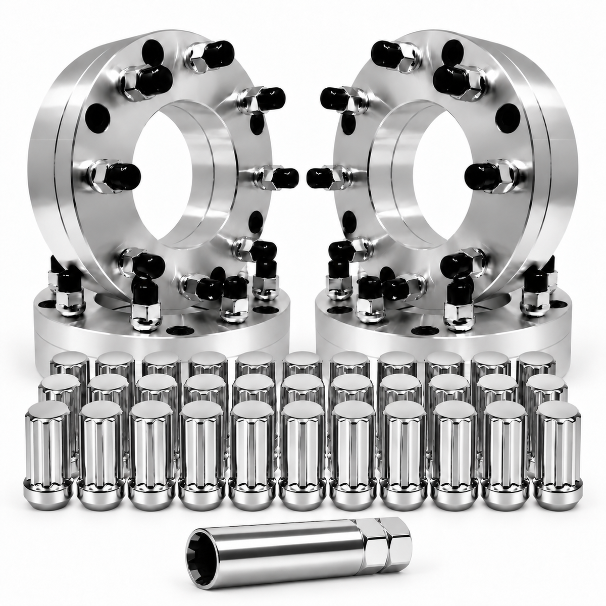 Chevy GMC 6x5.5 To 8x6.5 Wheel Adapters 2 Inch +32 Free Spline Lugs 14x1.5 Studs 108mm Bore For All Hub Clearance Silverado, Sierra, Tahoe, Yukon, Suburban, Escalade, Colorado, Canyon, Avalanche, Yukon XL, Blazer, Astro, Safari, K1500, K2500