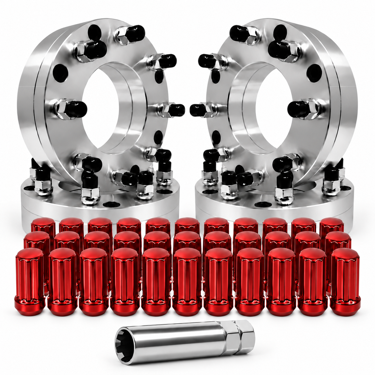 Chevy GMC 6x5.5 To 8x6.5 Wheel Adapters 2 Inch +32 Free Spline Lugs 14x1.5 Studs 108mm Bore For All Hub Clearance Silverado, Sierra, Tahoe, Yukon, Suburban, Escalade, Colorado, Canyon, Avalanche, Yukon XL, Blazer, Astro, Safari, K1500, K2500