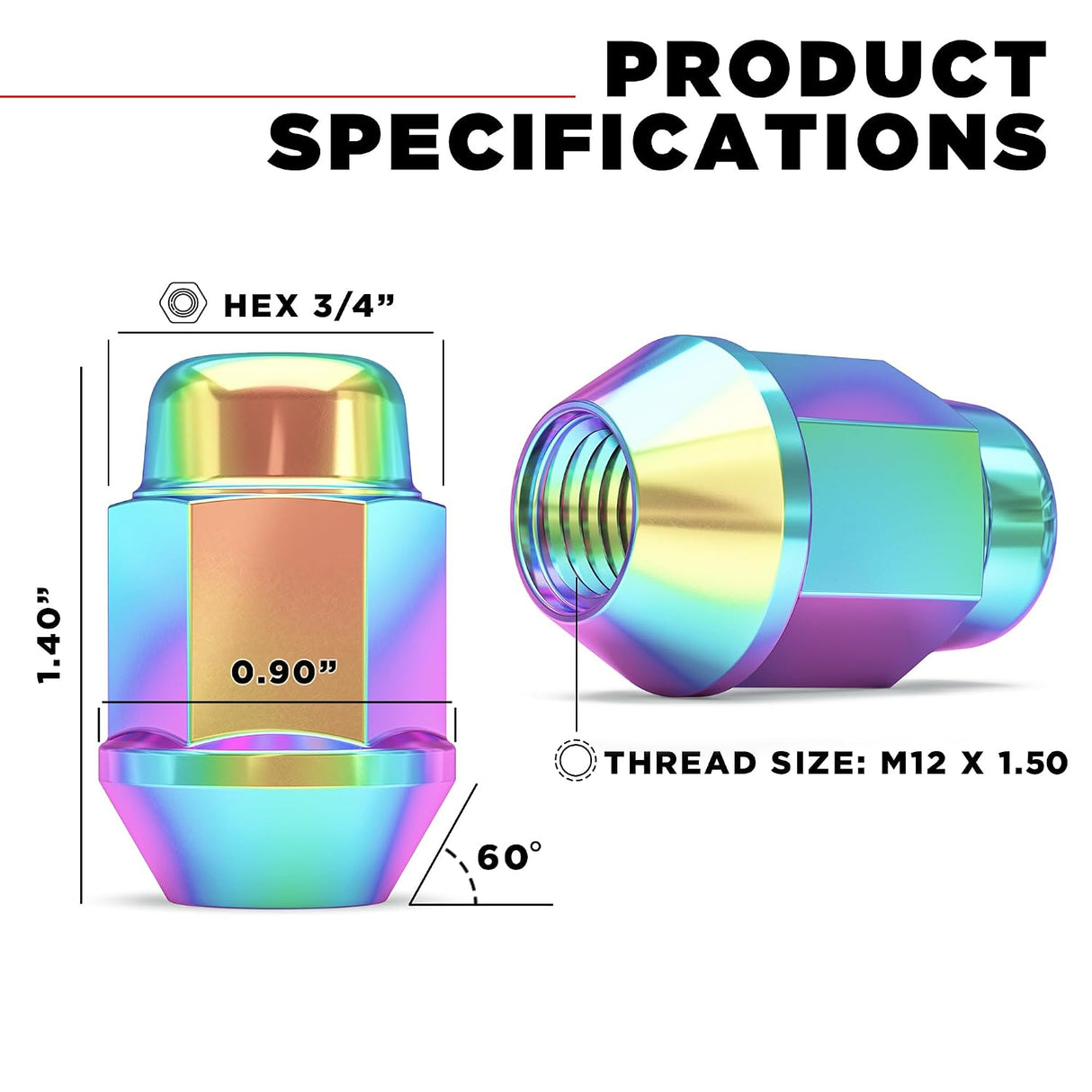 20 Neo Chrome Racing Lug Nuts | 12X1.5 | Acorn Bulge |Fits Most Jdm Honda Acura
