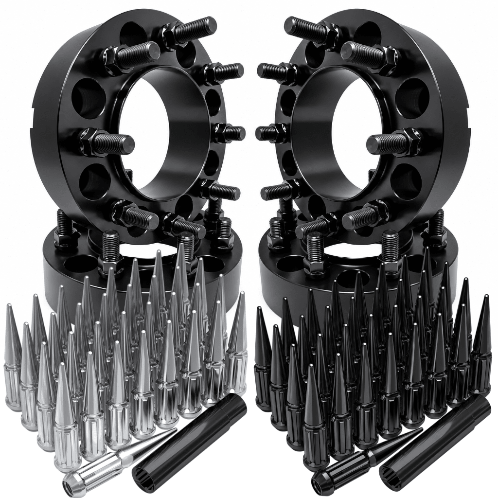 4x Hub & Wheel Centric Spacers 8x170 Ford F-250 F-350 Super Duty & Excursion 1999–2002 Non-Dually, 2" (50mm), M14x2.0 Studs & Nuts, 124.9mm Bore & Lip, Forged 6061-T6 Anodized Aluminum, 32x Free Black or Chrome Spline Spike Lug Nuts - SET Group USA