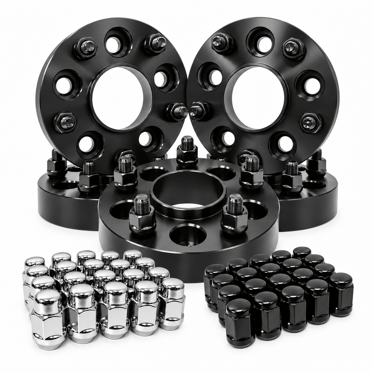 A set of black anodized wheel spacers with matching lug nuts, including silver chrome lug nuts and black lug nuts, arranged on a clean white background.