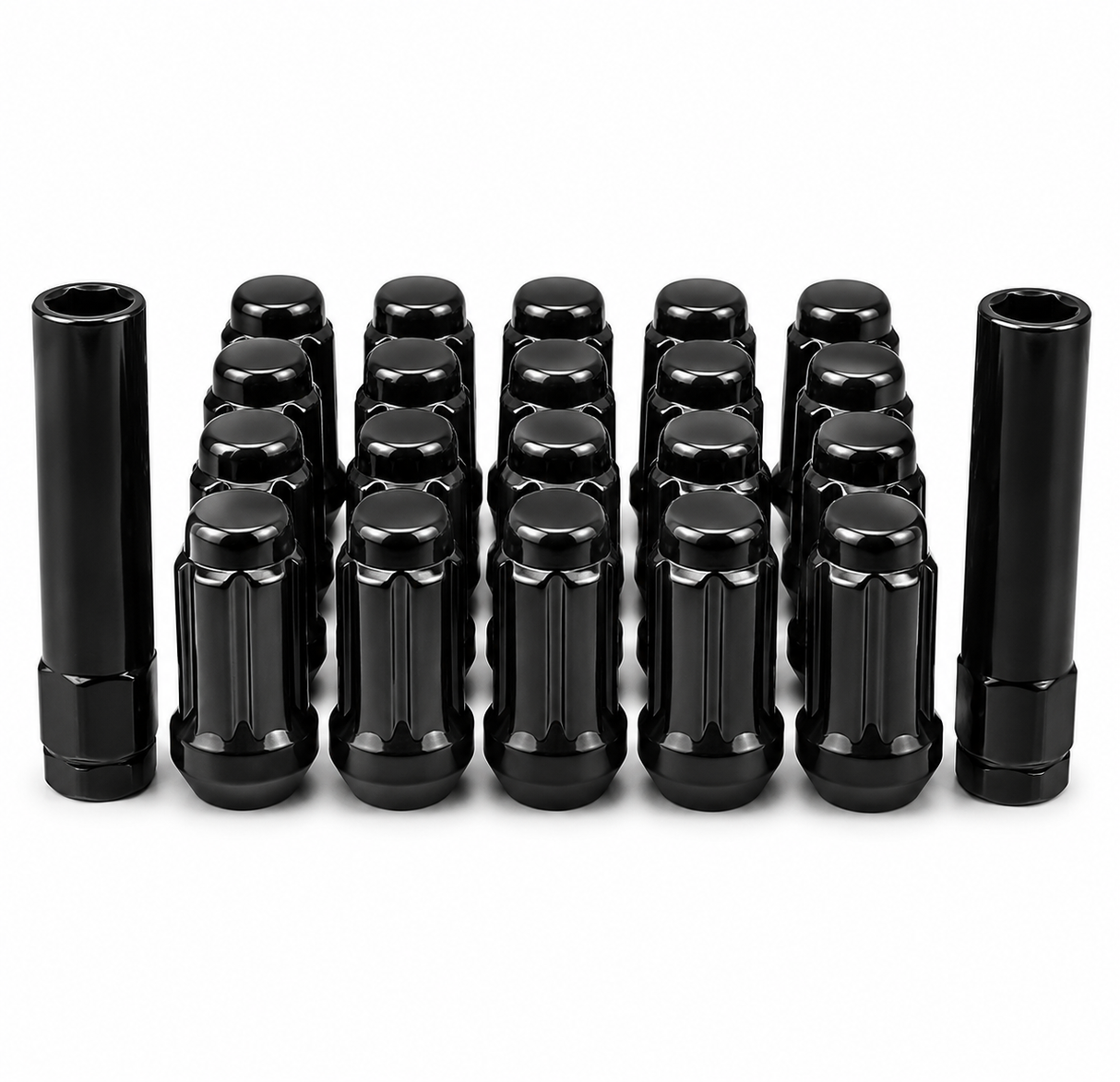 20 Black Spline Lug Nuts + Key | 9/16 | Dodge | Chrysler | Mitsubishi | 2" Tall