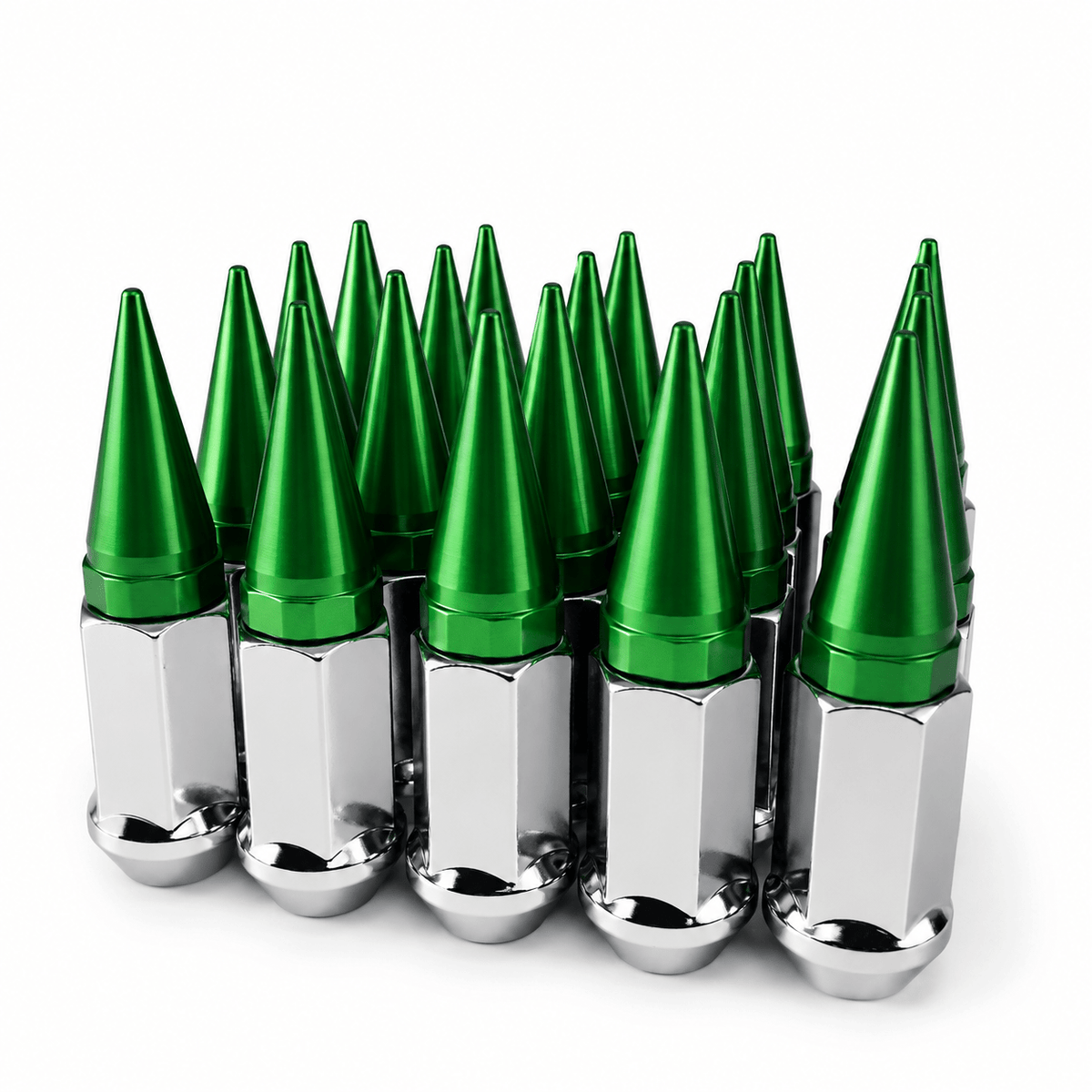23x JEEP CHROME / GREEN SPIKE LUG NUTS 1/2-20 THREADS | WRANGLER, RUBICON, TJ, YJ, JK, CJ - SET Group USA