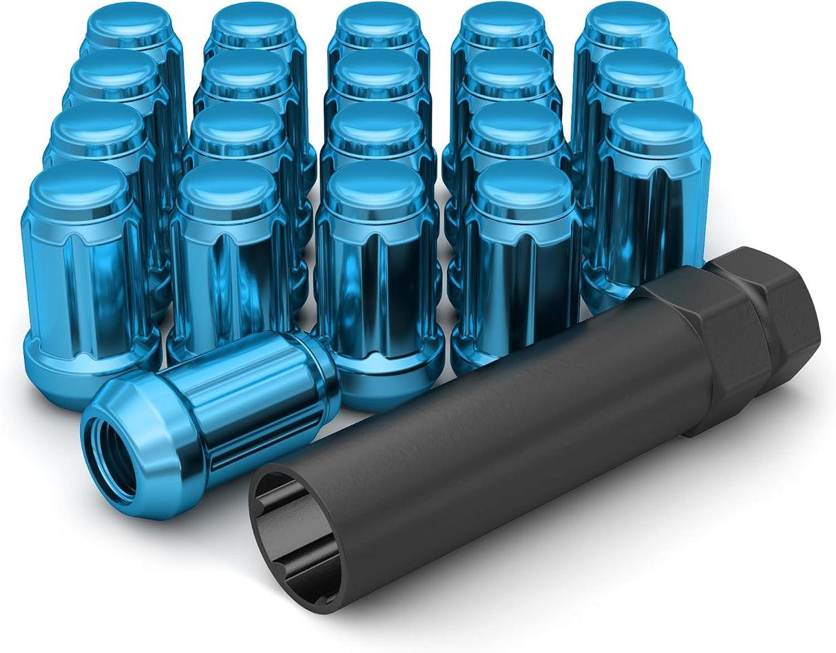 20 Blue Mustang Lug Nuts | Racing 6 Spline Lugs | 1/2"-20 | +2 Keys |