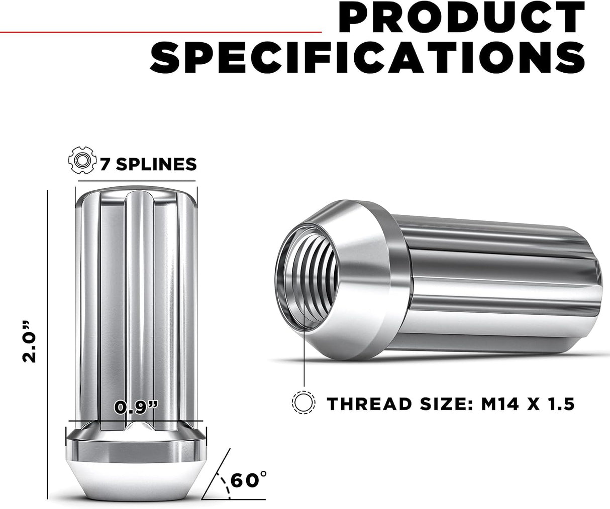 24 Crhome Spline Lug Nuts | 14X1.5 | Chevy Gmc Silverado Hummer | 6X5.5, 6X139.7