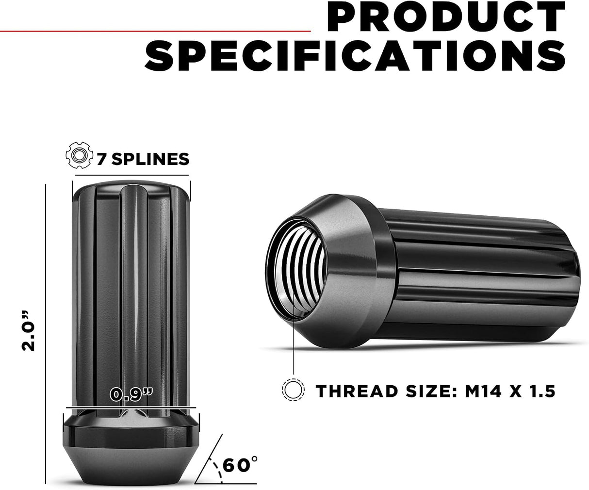 24 Black Spline Lug Nuts | 14X1.5 | Chevy Gmc Silverado Hummer | 6X5.5 + 6X139.7