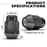 20 Black Mustang Lug Nuts | 1/2"-20 | Closed End Bulge Acorn | 5X4.5 | 5X114.3