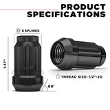 24 Matte Black Dodge Durango, Dakota Lug Nuts | 6 Spline Tuner | 1/2"-20