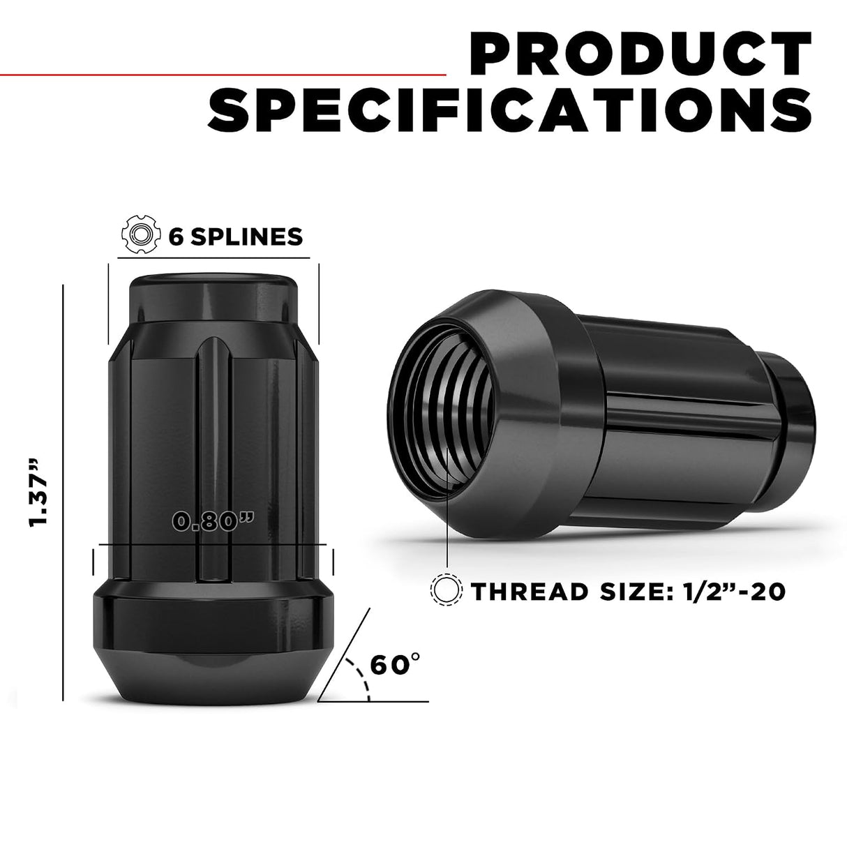20 Matte Black Mustang Lug Nuts | 6 Spline Tuner | 1/2"-20 | + Key |