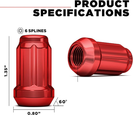 20x Red Mustang Lug Nuts | Racing 6 Spline Lugs | 1/2"-20 | +2 Keys | - SET Group USA