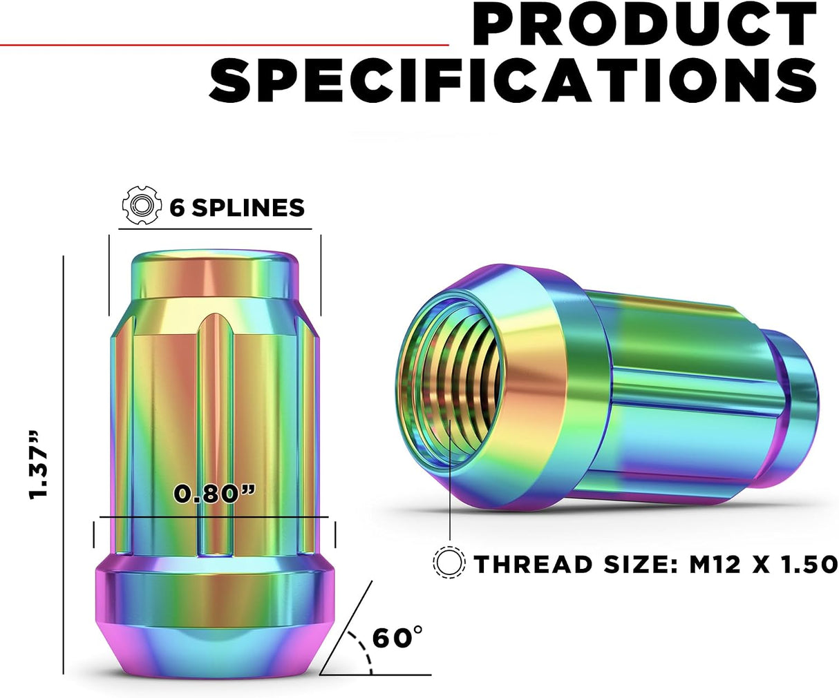 20 Neo Chrome Spline Tuner Racing Lug Nuts | 12X1.5 | Fits Most Jdm Honda Acura