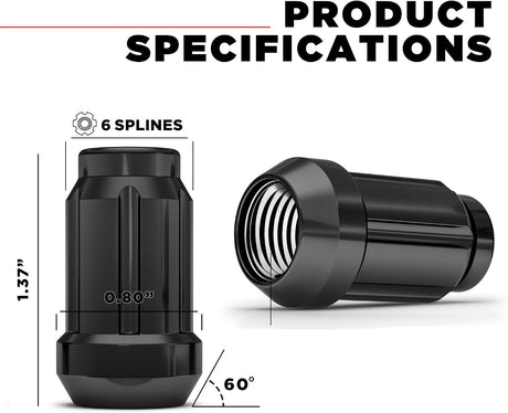 24 Black 6 Spline Lug Nuts + Key | 12X1.5 | Fits Toyota Fj Tacoma Tundra 4Runner - SET Group USA
