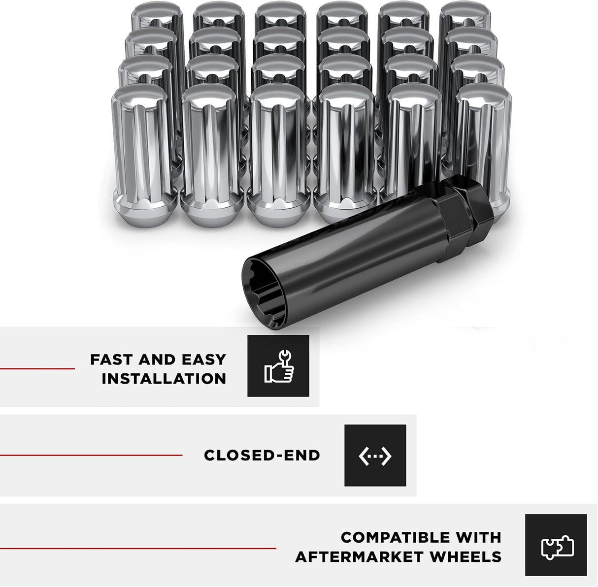 24 Chrome Spline Lug Nuts | 14X1.5 Thread | +1 Security Key Lock | 6X5.5 6X139.7