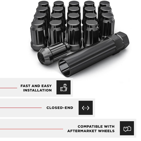 20x Matte Black Mustang Lug Nuts | 6 Spline Tuner | 1/2"-20 | + Key | - SET Group USA