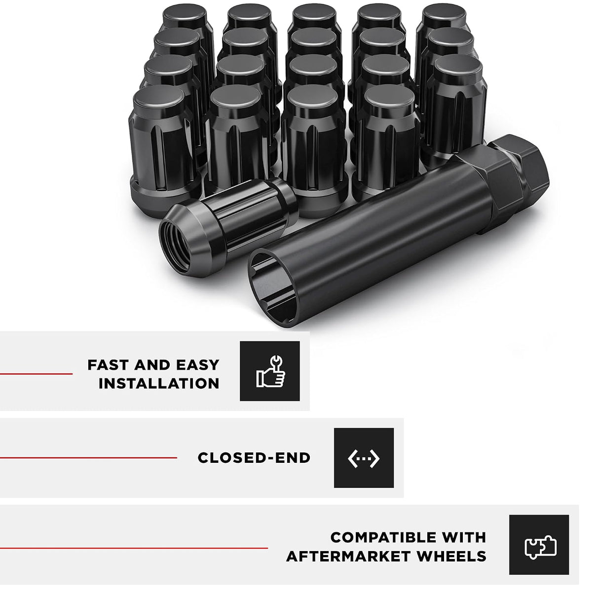 23 Matte Black Jeep Lug Nuts | 6 Spline Tuner | 1/2"-20 | Closed End |+Key 5X5