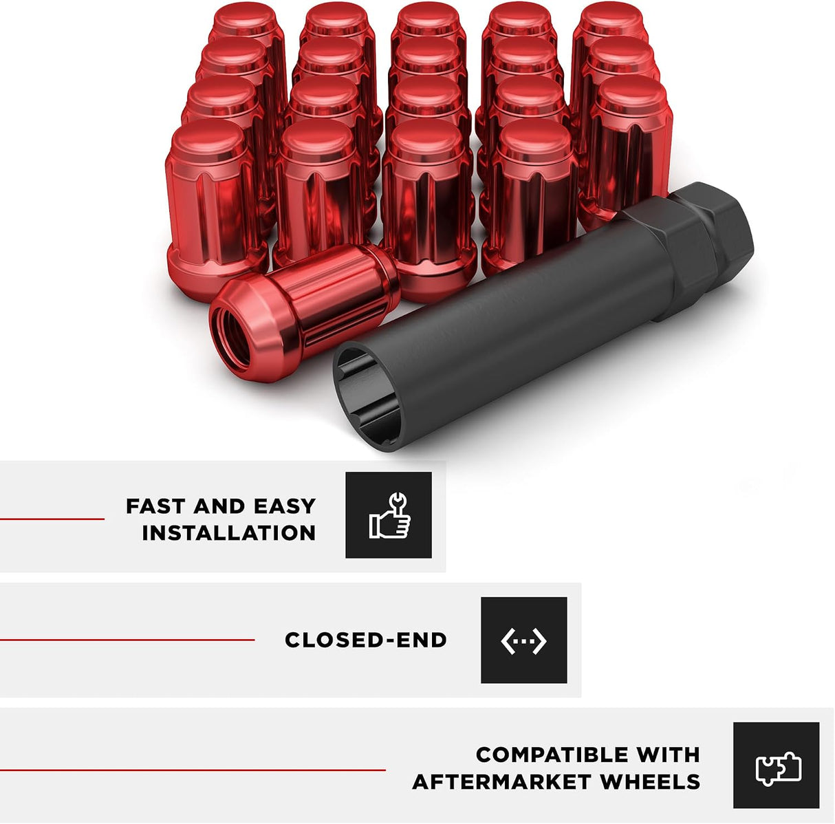 20 Red Mustang Lug Nuts | Racing 6 Spline Lugs | 1/2"-20 | +2 Keys |