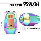 16 Neo Chrome Racing Lug Nuts 12X1.5 | Bulge Acorn Lugs | Fits Most Honda Acura