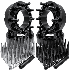 4x Hub & Wheel Centric Spacers 8x170 Ford F-250 F-350 Super Duty & Excursion 1999–2002 Non-Dually, 2" (50mm), M14x2.0 Studs & Nuts, 124.9mm Bore & Lip, Forged 6061-T6 Anodized Aluminum, 32x Free Black or Chrome Spline Spike Lug Nuts - SET Group USA