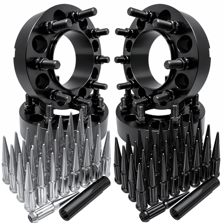 4x Hub & Wheel Centric Spacers 8x170 Ford F-250 F-350 Super Duty & Excursion 1999–2002 Non-Dually, 2" (50mm), M14x2.0 Studs & Nuts, 124.9mm Bore & Lip, Forged 6061-T6 Anodized Aluminum, 32x Free Black or Chrome Spline Spike Lug Nuts - SET Group USA