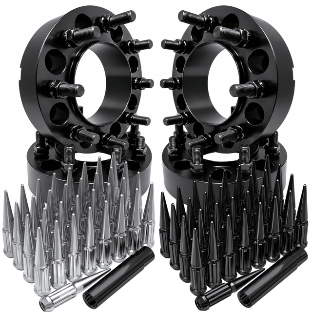 4x Hub & Wheel Centric Spacers 8x170 Ford F-250 F-350 Super Duty & Excursion 1999–2002 Non-Dually, 2" (50mm), M14x2.0 Studs & Nuts, 124.9mm Bore & Lip, Forged 6061-T6 Anodized Aluminum, 32x Free Black or Chrome Spline Spike Lug Nuts - SET Group USA