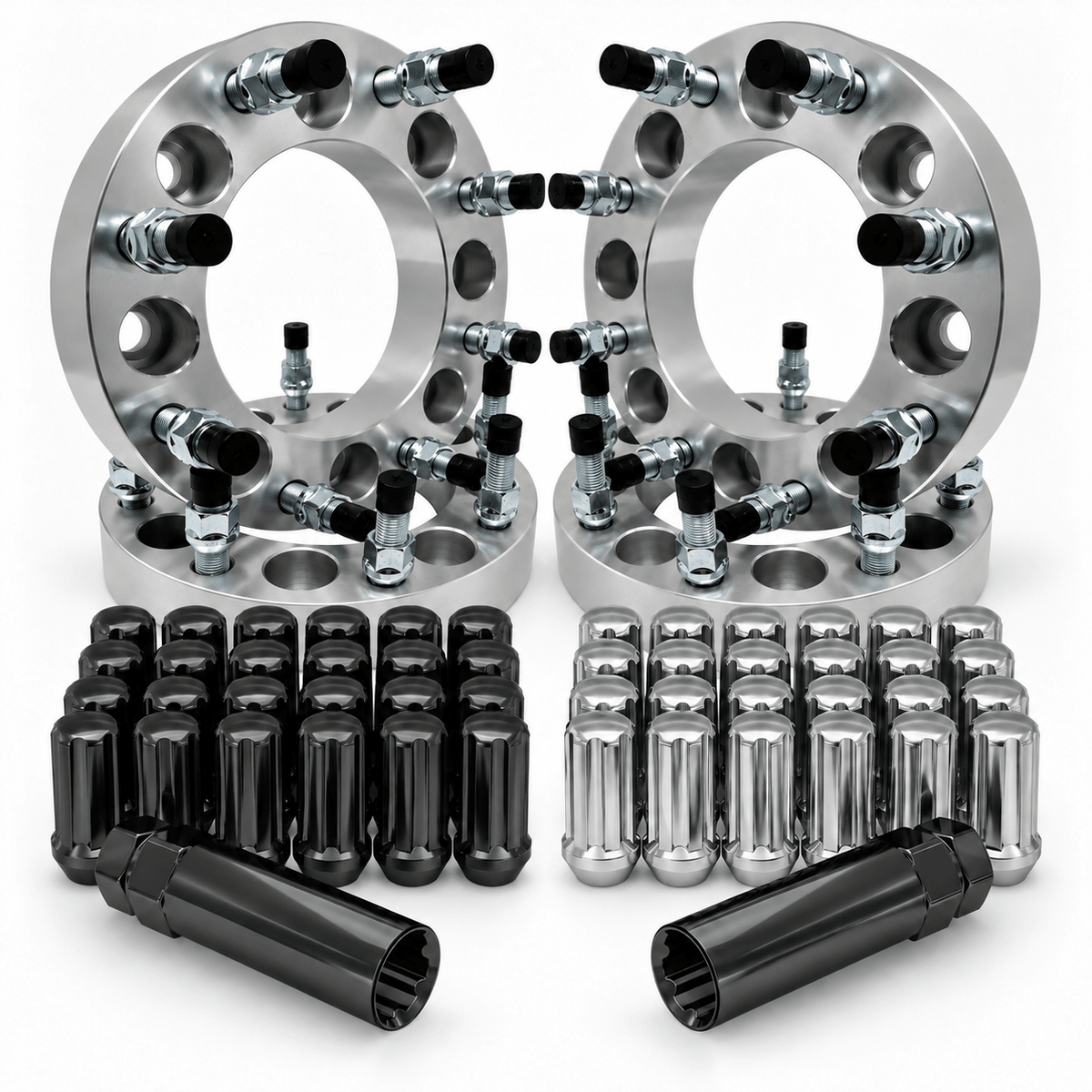 4 piece set of 8x6.5 to 8x170 wheel adapters 1.5 inch and 2 inch for Chevy trucks, Dodge Trucks, and Ford Trucks plus free anti-theft spline truck lug nuts and wheel lock lugs key. Solid Forged Billet aluminum USA Made lifetime warranty