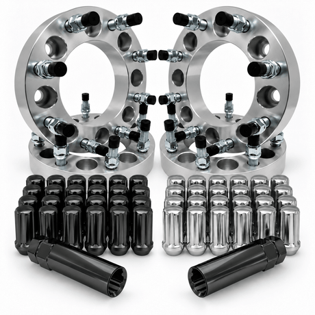 4 piece set of 8x6.5 to 8x170 wheel adapters 1.5 inch and 2 inch for Chevy trucks, Dodge Trucks, and Ford Trucks plus free anti-theft spline truck lug nuts and wheel lock lugs key. Solid Forged Billet aluminum USA Made lifetime warranty