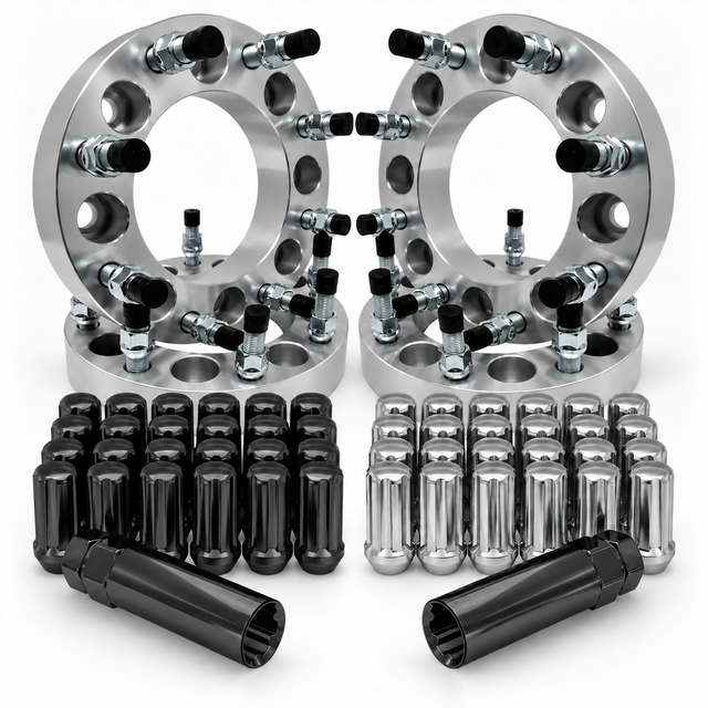 4 piece set of 8x6.5 to 8x170 wheel adapters 1.5 inch and 2 inch for Chevy trucks, Dodge Trucks, and Ford Trucks plus free anti-theft spline truck lug nuts and wheel lock lugs key. Solid Forged Billet aluminum USA Made lifetime warranty