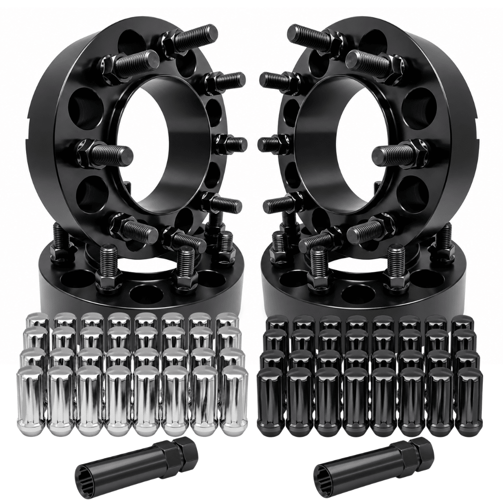 4x Hub & Wheel Centric Spacers 8x170 Ford F-250 F-350 Super Duty & Excursion 1999–2002 Non-Dually, 2" (50mm), M14x2.0 Studs & Nuts, 124.9mm Bore & Lip, Forged 6061-T6 Anodized Aluminum, Plus 32x Free Closed-End Black or Chrome Spline Lug Nuts - SET Group USA