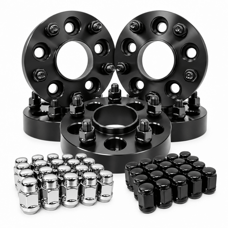 A set of black anodized wheel spacers with matching lug nuts, including silver chrome lug nuts and black lug nuts, arranged on a clean white background.