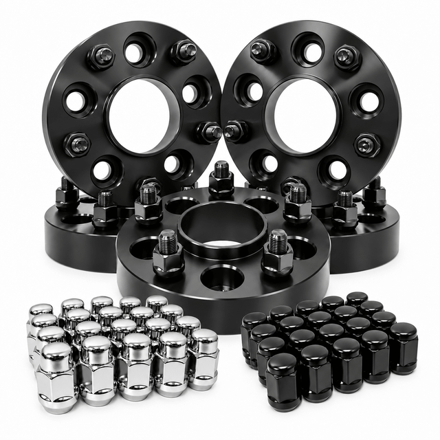 A set of black anodized wheel spacers with matching lug nuts, including silver chrome lug nuts and black lug nuts, arranged on a clean white background.