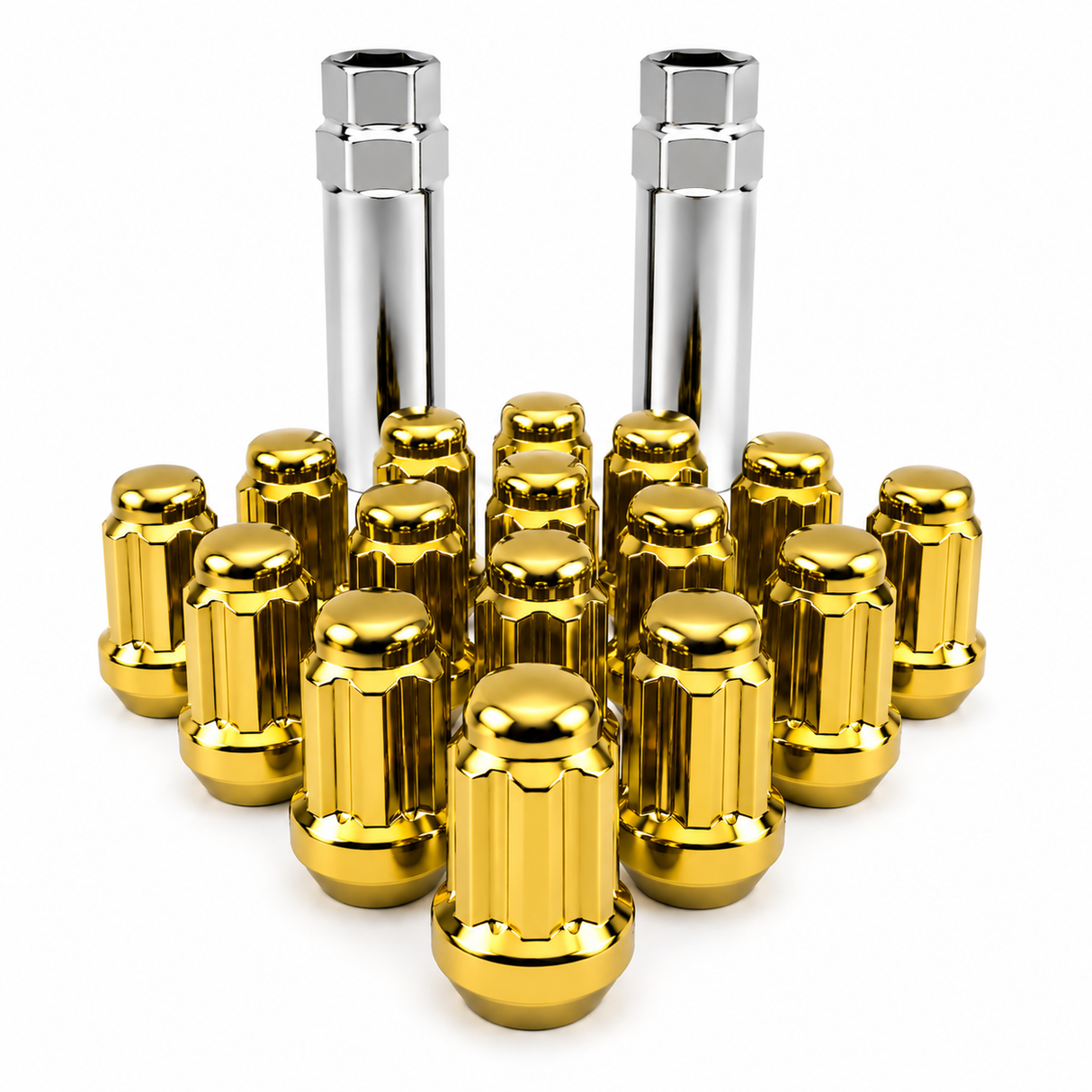 20 Gold Mustang Lug Nuts | 6 Spline Tuner | 1/2"-20 | + Key |