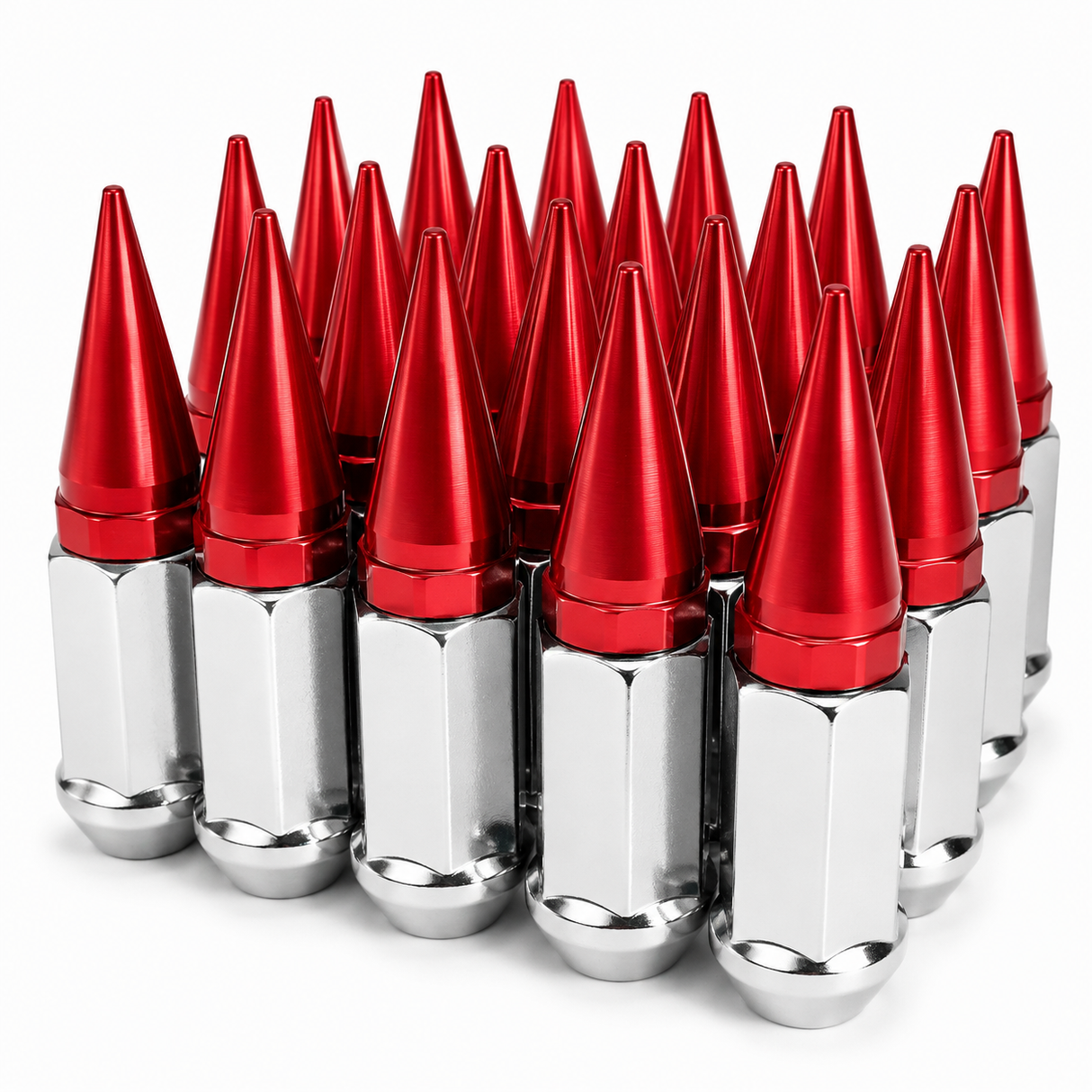 32 CHROME / RED SPIKED EXTENDED LUG NUTS 14x1.5 OFFROAD SPIKE LUG NUTS