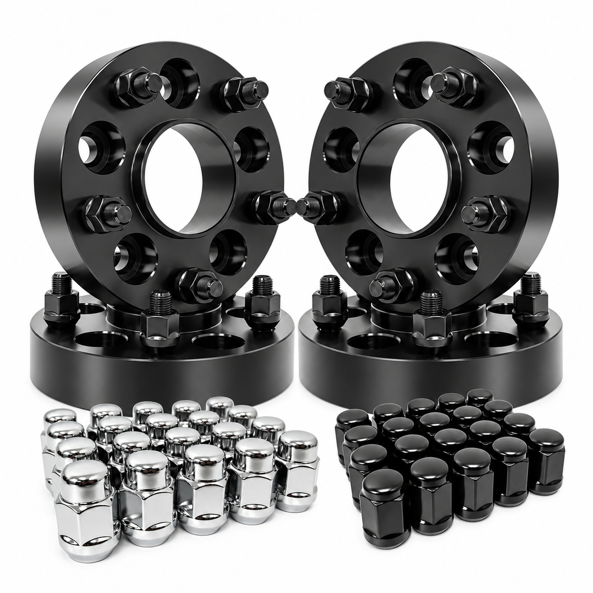 4x Hub Centric Wheel Spacers 5x5 (5x127) Jeep Wrangler JL 2018+, Gladiator JT, Grand Cherokee WK2/WL 2011+ Trackhawk, 1"-3", M14x1.5 Studs, 71.5mm Bore, Forged 6061-T6 Aluminum, Plus 20x Free Closed-End Black or Chrome Bulge Acorn Lug Nuts