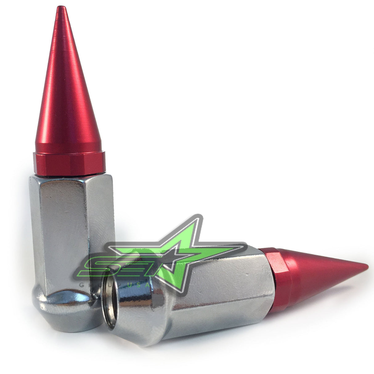 23 JEEP CHROME / RED SPIKE LUG NUTS 1/2"X20 THREADS | WRANGLER, RUBICON, TJ, YJ, JK, CJ